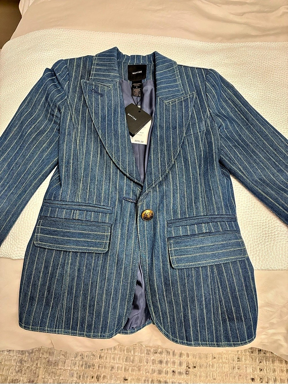 Smythe Hutton Denim Blazer in Pinstripe Print Blue